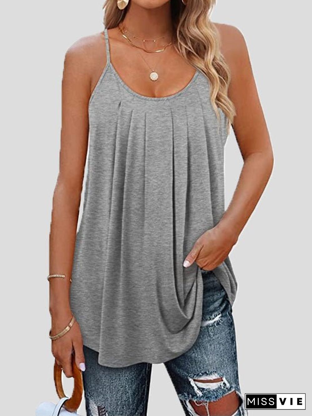 Women'S Tank Tops Pleated Sling Crew Neck Tank Tops