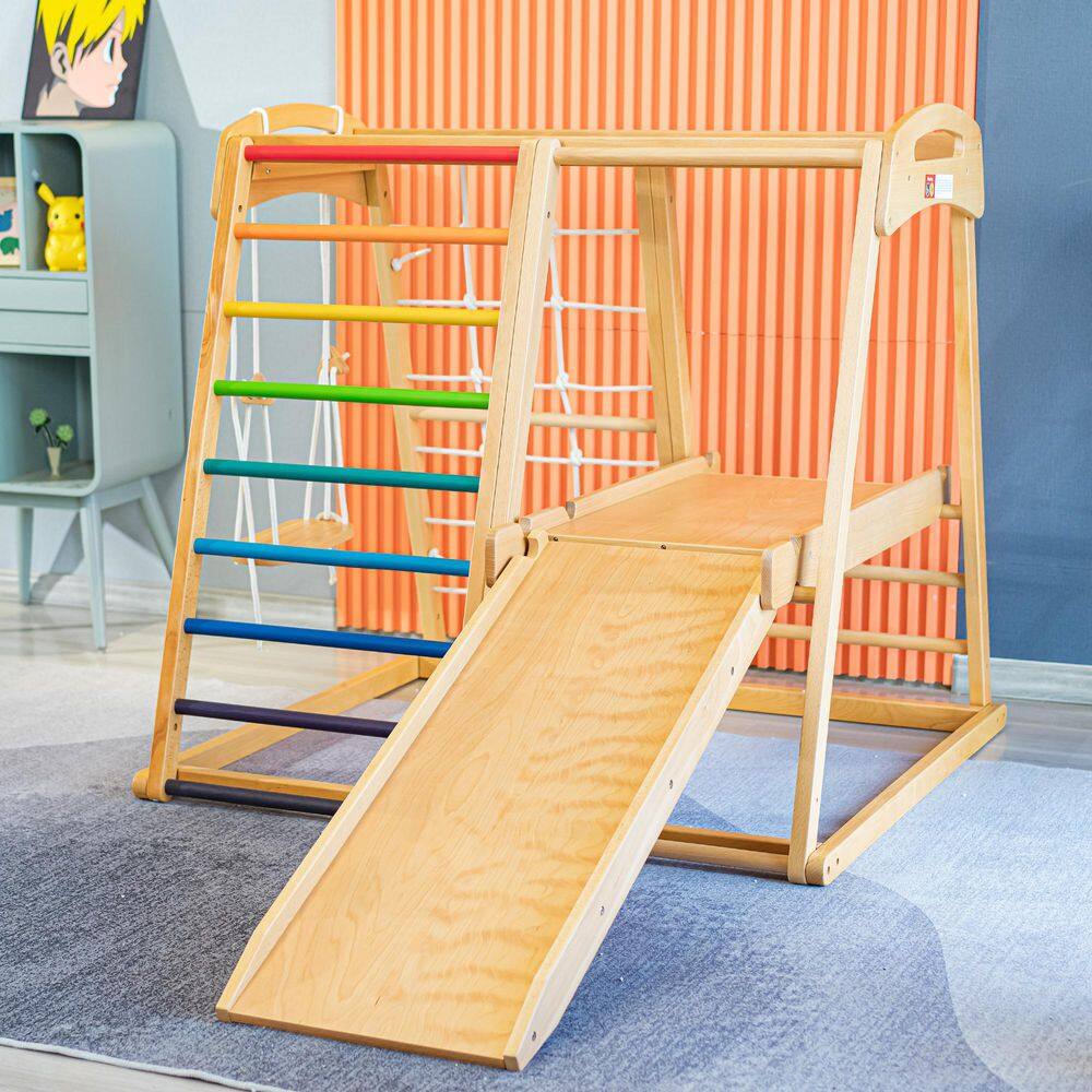 TIRAMISUBEST Solid Wood 7-in-1 Indoor Climber with Slide and Swing for Kids from 18 months to 10 years old W679XYS00027