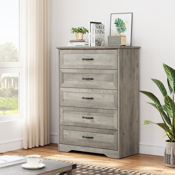 Dresser for Bedroom with 5 Drawers， Tall Wood Drawer Dresser Chest of Drawers for Closet