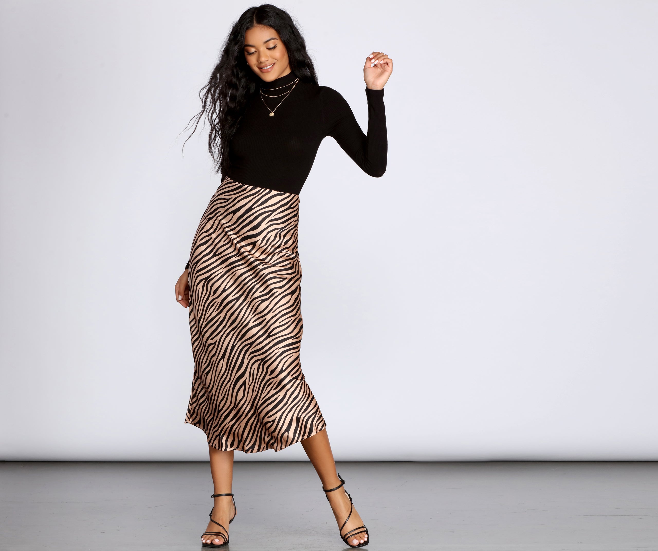 Zebra Flared Midi Satin Skirt