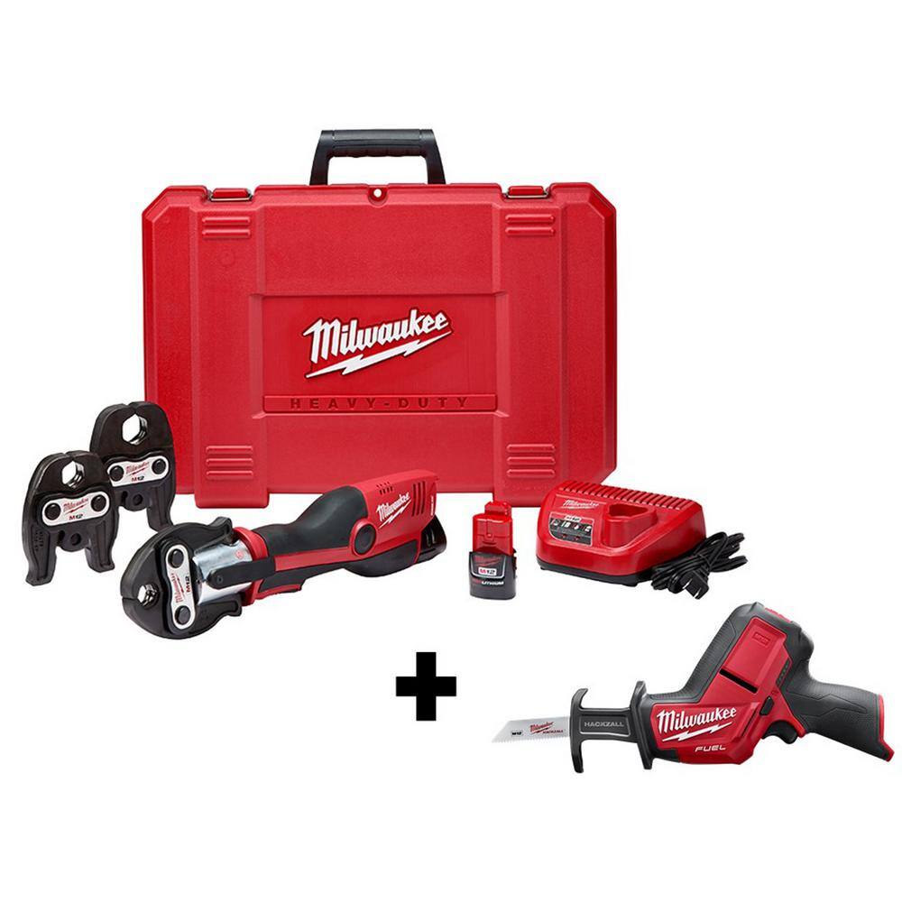 MW M12 12-Volt Lithium-Ion Force Logic Cordless Press Tool Kit (3 Jaws Included) with HACKZALL Two 1.5 Ah Battery and Case 2473-22-2520-20