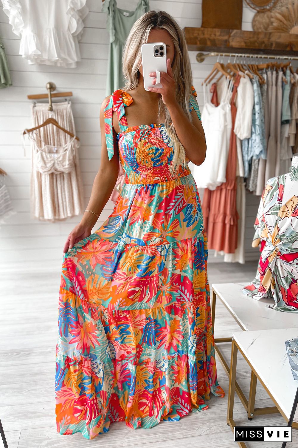 Multicolor Vibrant Tropical Print Smocked Ruffle Tiered Maxi Dress