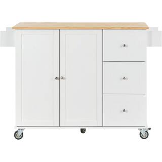 tunuo White Rolling Kitchen Island Cart with Rubber Wood Drop-Leaf Countertop (52 in. W) SFWF-287035W