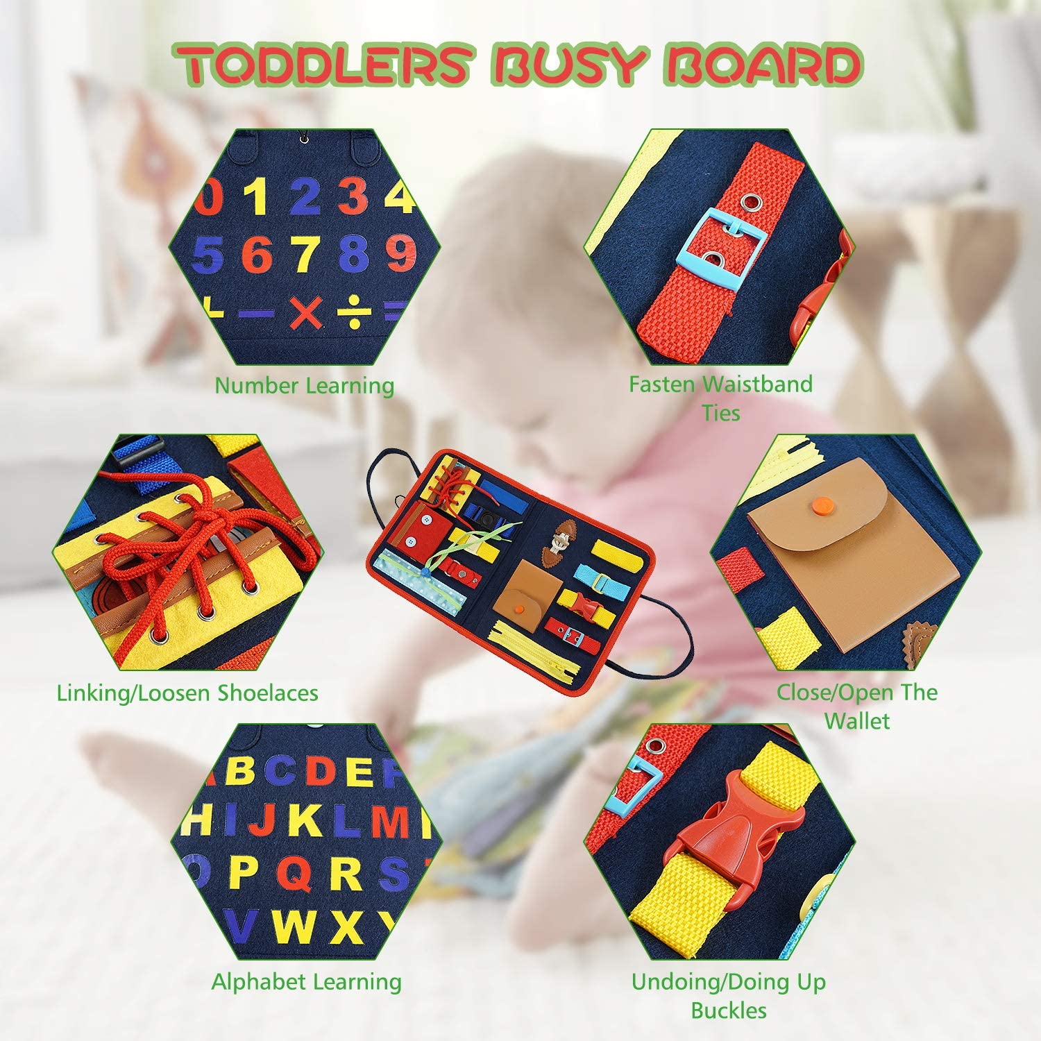 Busy Board for Toddlers Age 1 - 6， Montessori Early Education Activity Toddler Toys