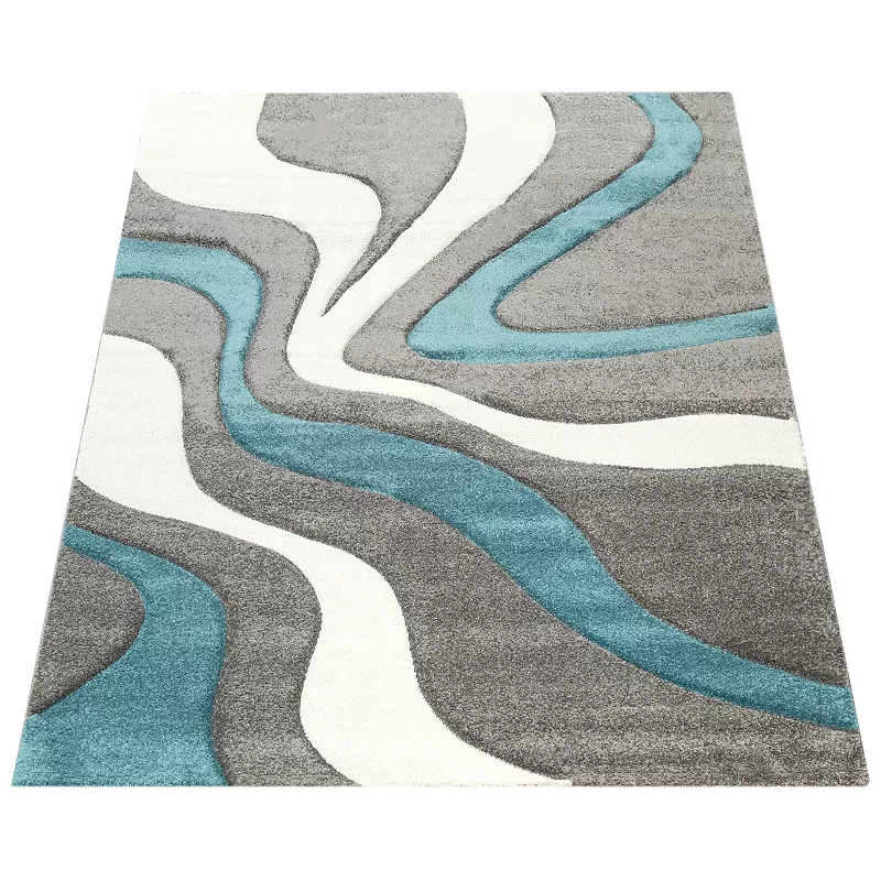 Designer Rug with Contour Cut and Modern Wave Pattern