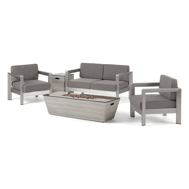 Amata 5pc Aluminum Chat Set With Fire Pit And Tank Holder Silver khaki dark Gray Christopher Knight Home