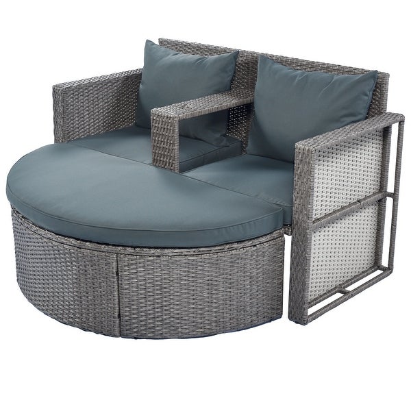 2-Pieces Outdoor Patio Garden Half-Moon Sectional Furniture Set for 2， PE Wicker Cushion Sofa Set with Side Table for Umbrella - Overstock - 37476145