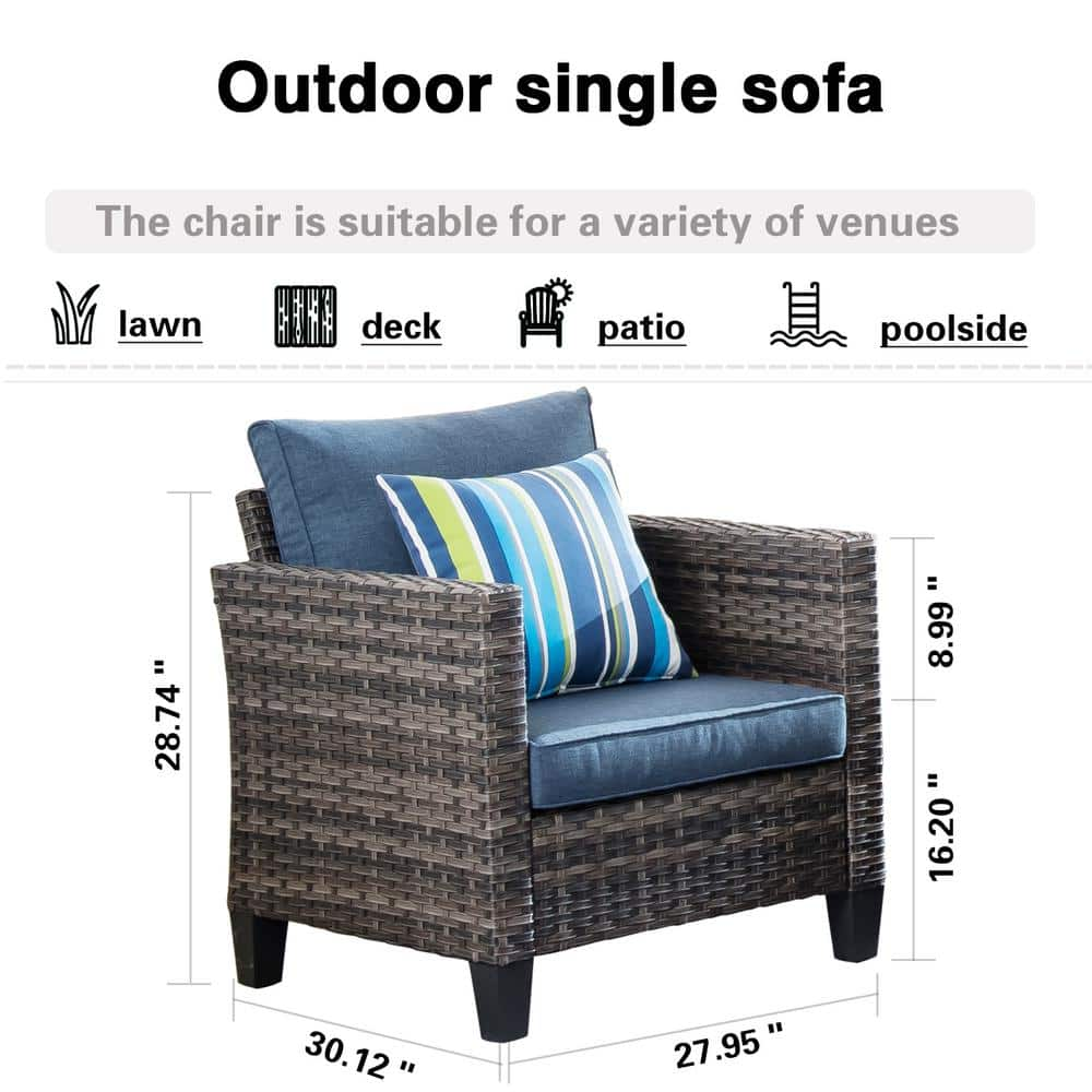 OVIOS New Vultros Gray 2-Piece Wicker Outdoor Lounge Chair with Blue Cushions GRS3022