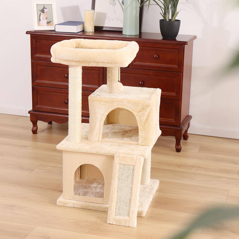 Foobrues 33.90 in. H Pet Cat Scratching Posts and Trees Kitten Furniture with Dangling Toys in Beige LNN-P23168199