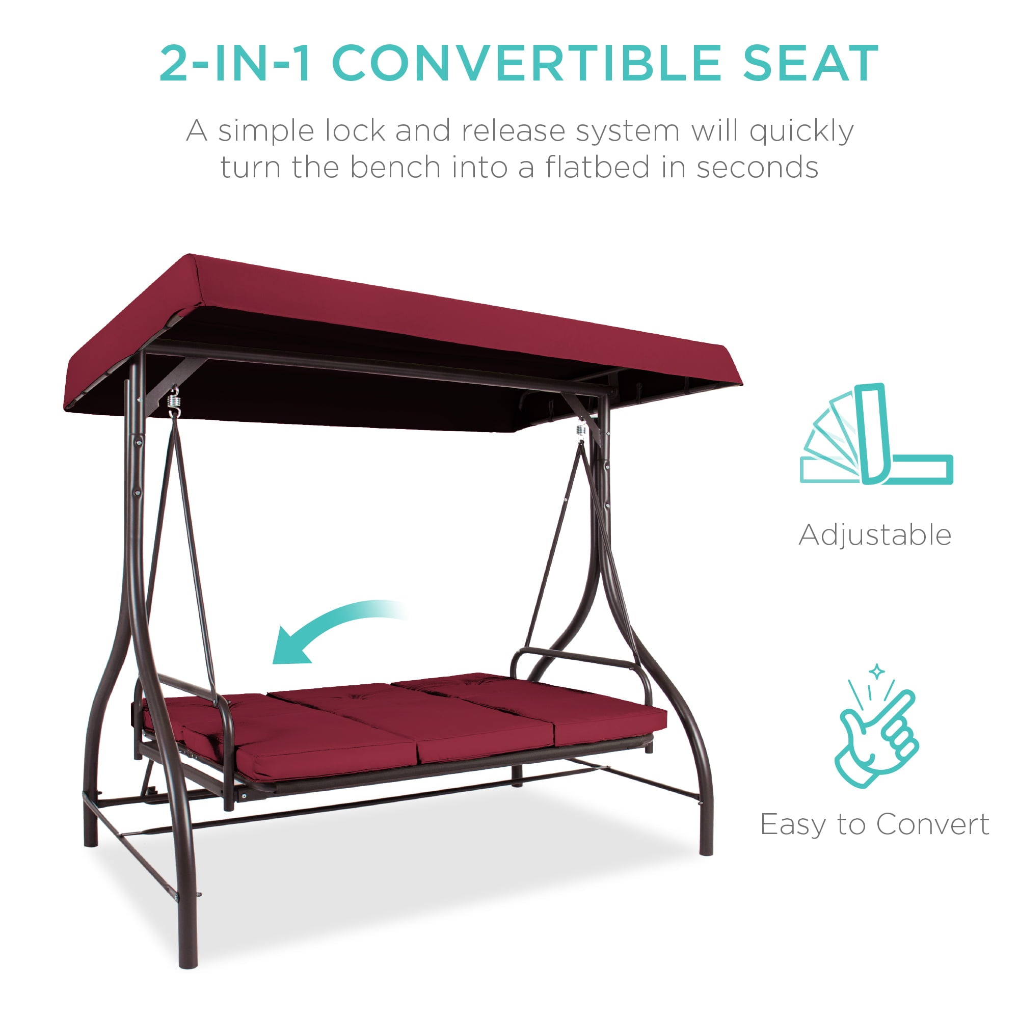 Best Choice Products 3-Seat Outdoor Converting Canopy Swing Glider Patio Hammock w/ Removable Cushions -  Burgundy