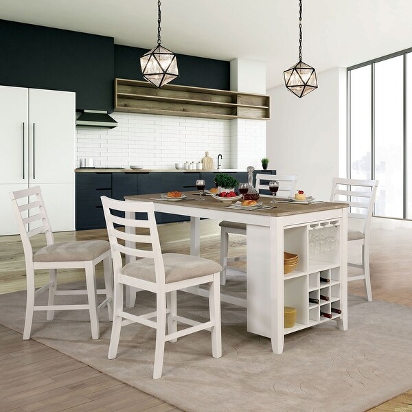 White and Light Oak Counter Height Table with Storage Shelf Base - White/ Light Oak