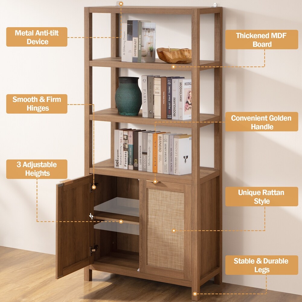 SICOTAS 5 Tier Adjustable Bookshelf with Rattan Storage Cabinet