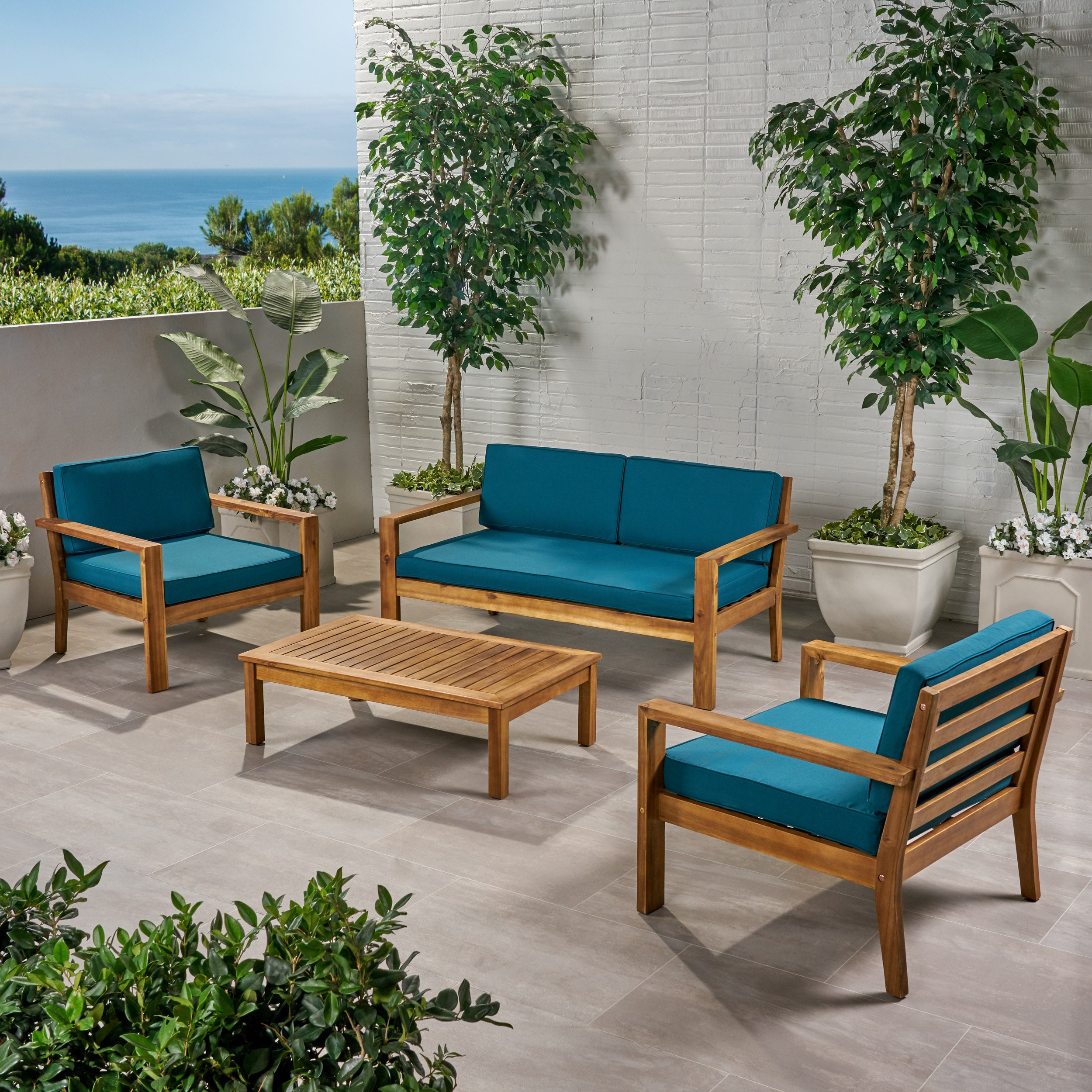 Gloria Outdoor 4 Seater Acacia Wood Chat Set with Cushions