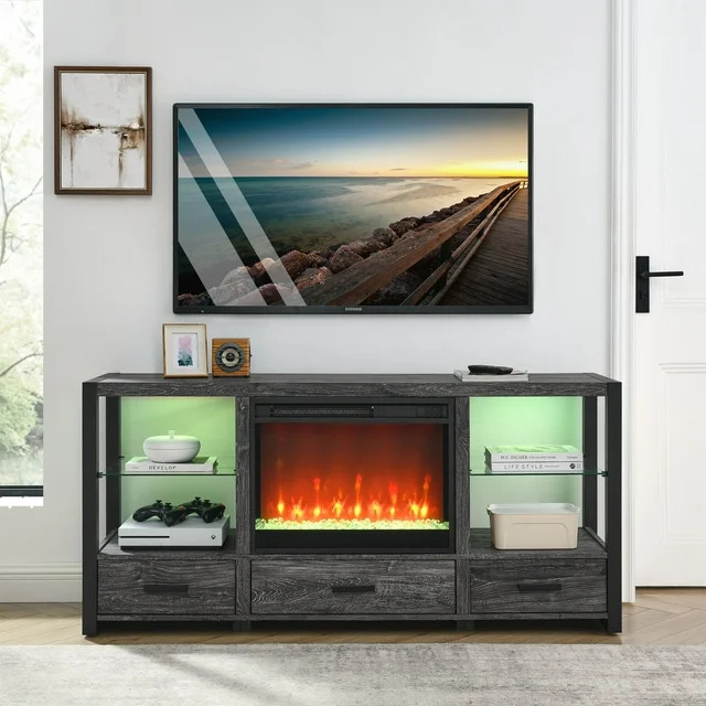 Modern Entertainment Center  Fireplace With Glass Shelves  ampDrawers   Modern   Entertainment Centers And Tv Stands   by Declusia  Houzz