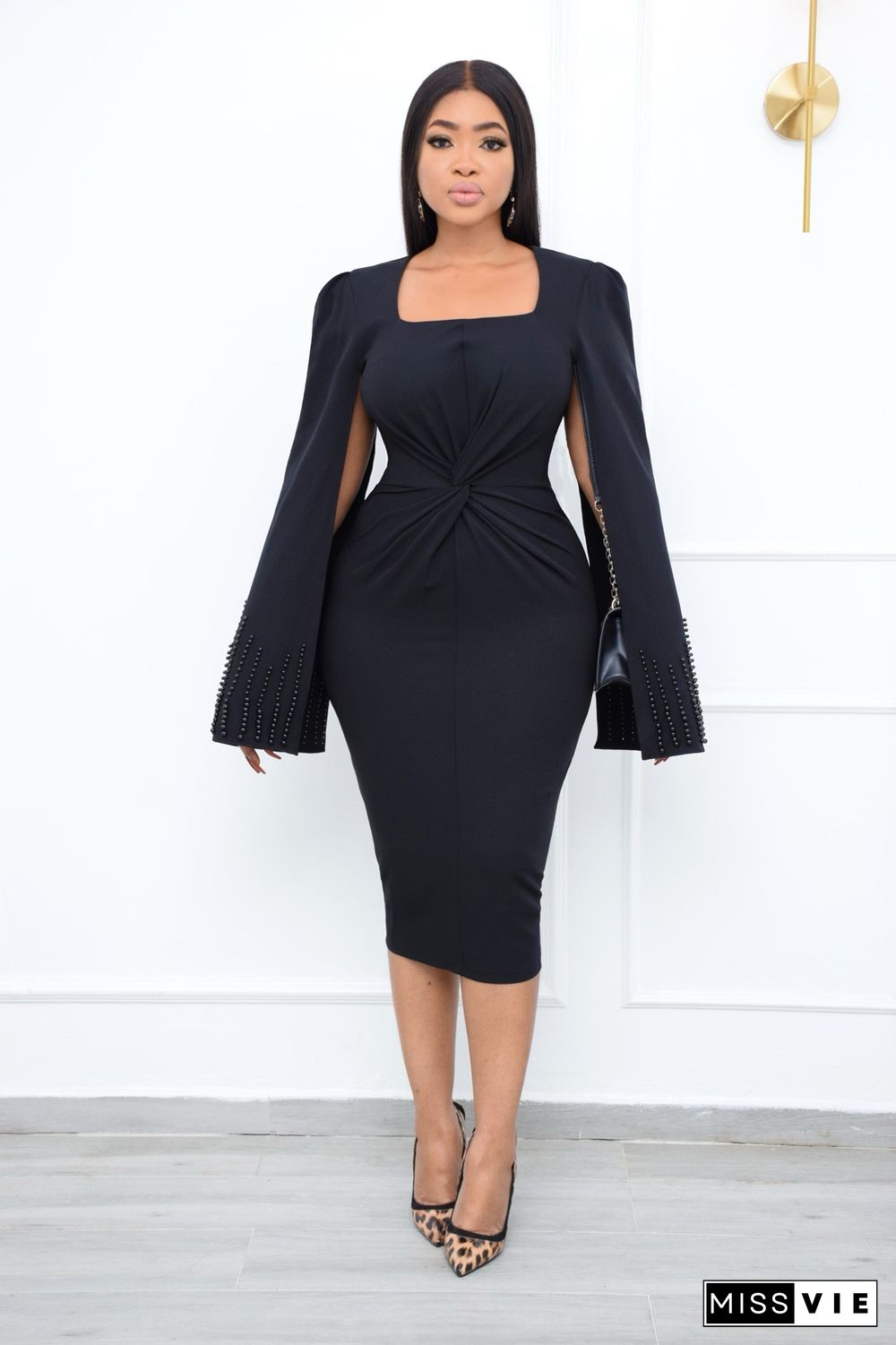 Elegant Beading Cape Sleeve Bodycon Midi Dress