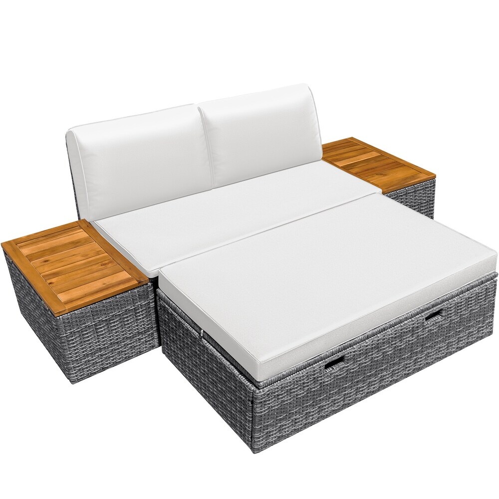 Furniwell Outdoor Daybed Patio Furniture Set Rattan Storage Conversation Set with Cushion and Side Table