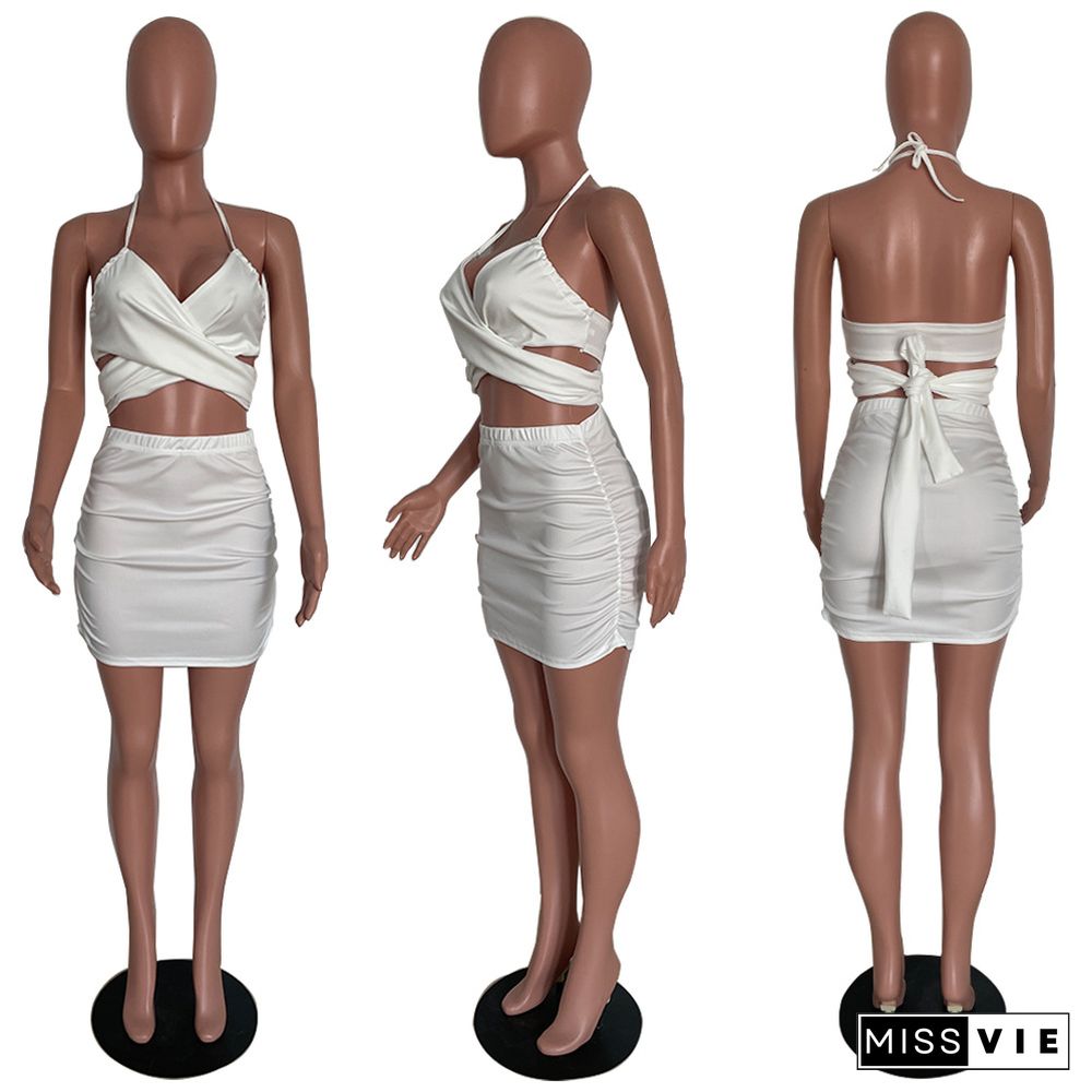 Sexy Solid Color Criss Cross Bandage Halter Crop Top Pleated Ruched Skirt Elegant Women Two Piece Set