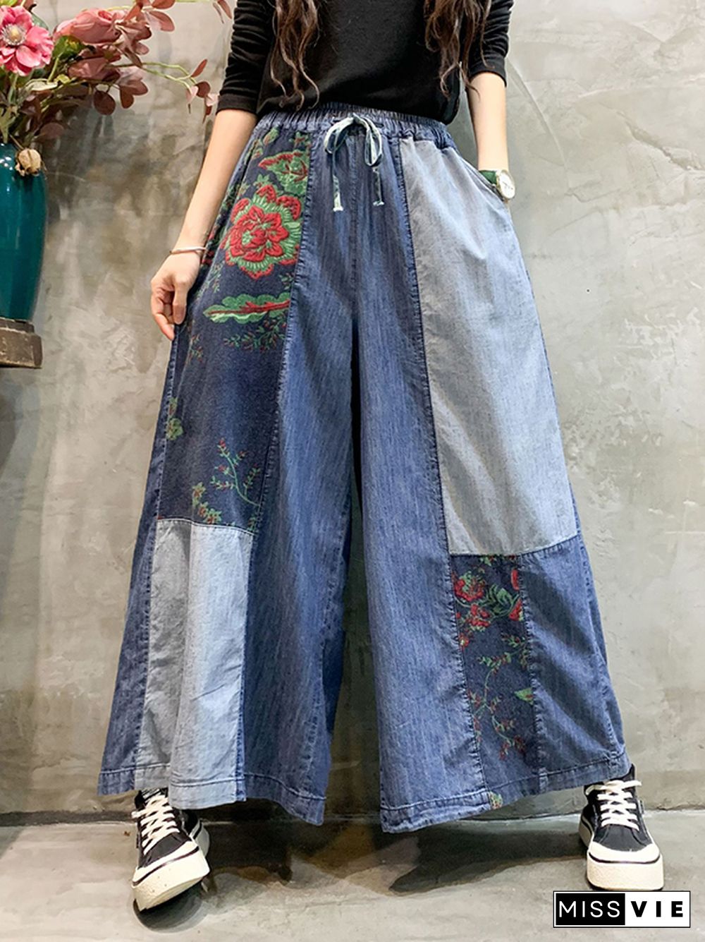 Casual Wide Leg Loose Color-Block Bandage Embroidered Jean Pants Bottoms