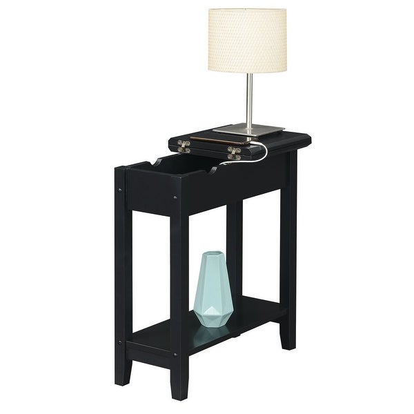 American Heritage Flip Top End Table with Charging Station， Faux Birch/Black