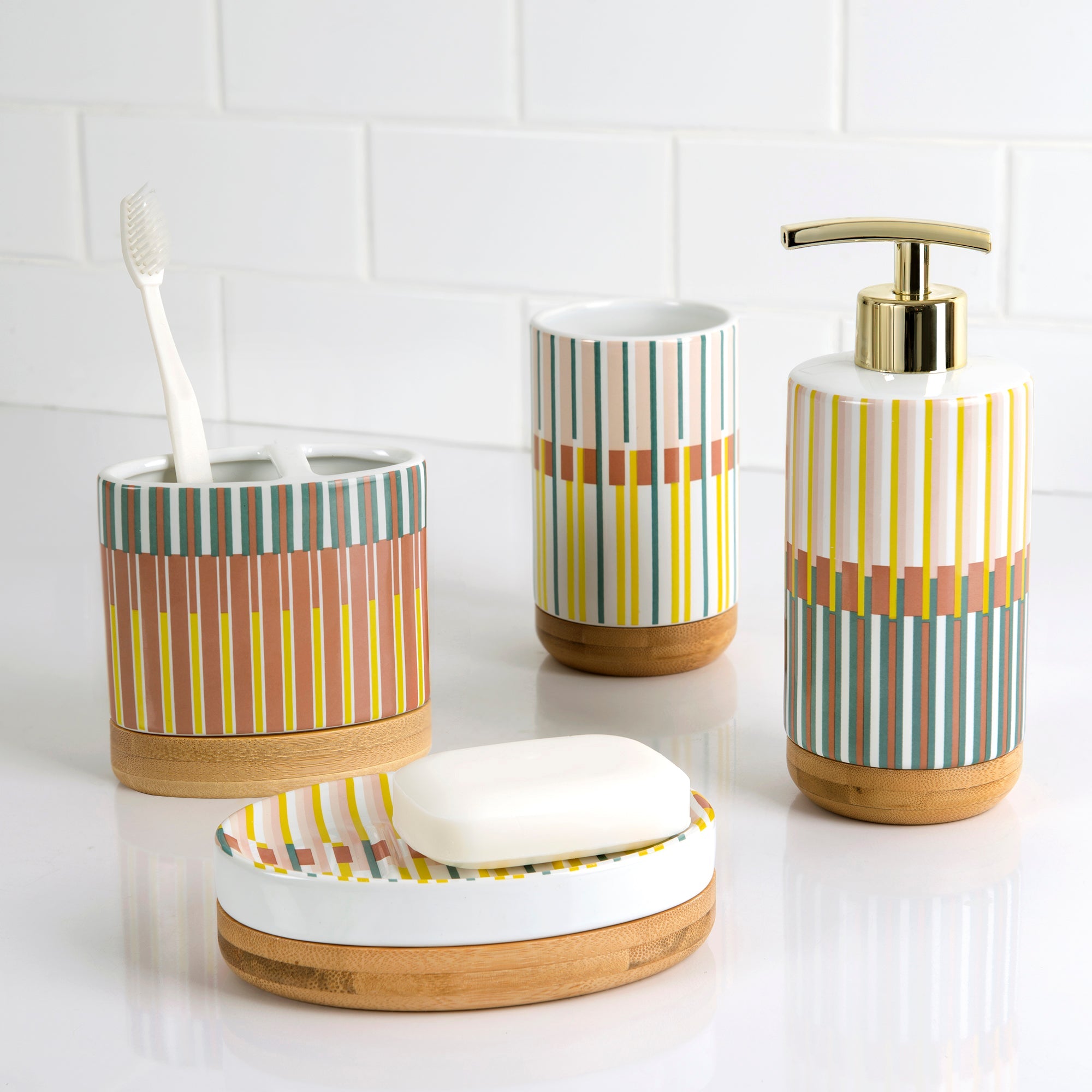 Market Stripe 4-Piece Ceramic with Bamboo Bath Accessory Set