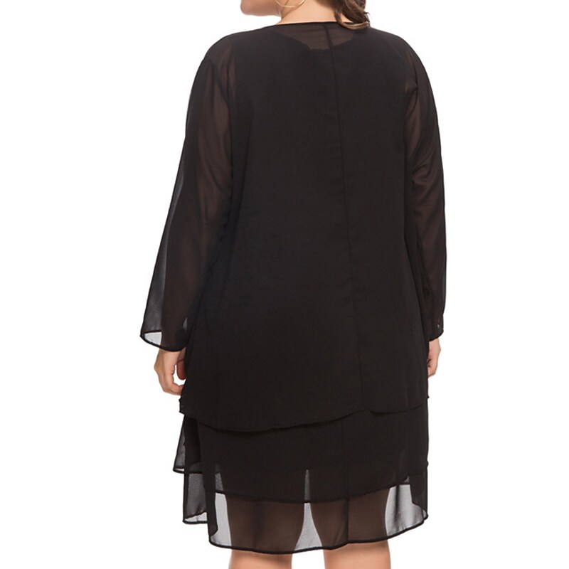 Women's Plus Size Casual Dress Solid Color Crew Neck Mesh Long Sleeve Dress