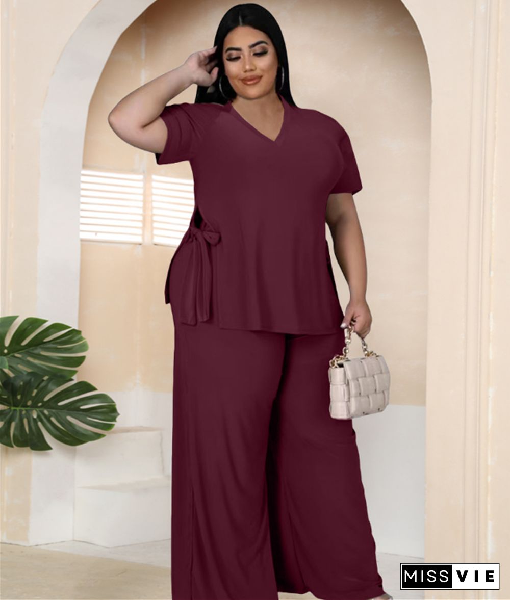 Loose V Neck Side Lace Up Tops Wide Leg Pants Set