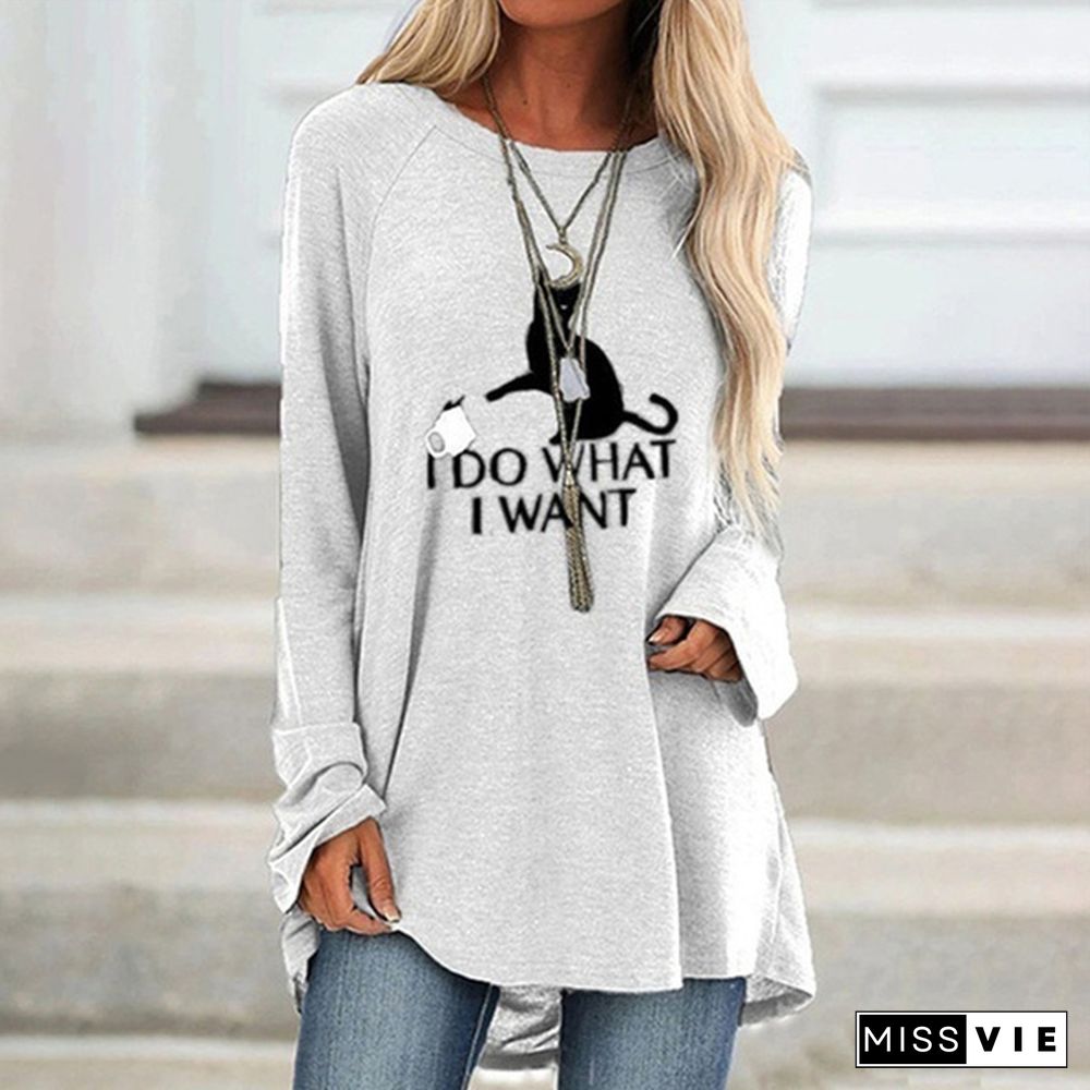 New Women Autumn and Winter Clothes Casual Printed Round Neck Long Sleeves Tunic T-Shirt Loose Cotton Pullover Blouse Plus Size XS-8XL