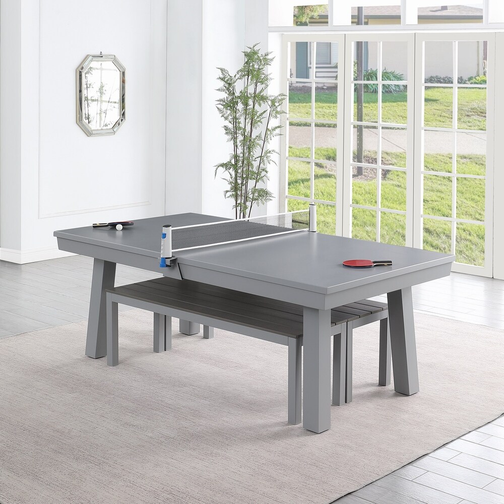 Newport Outdoor Patio 7ft Slate Pool Table Dining Set with 2 Benches   Accessories  Cement Finish