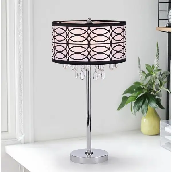 Farrah Chrome 3 Light Fabric Crystal Metal Table Lamp