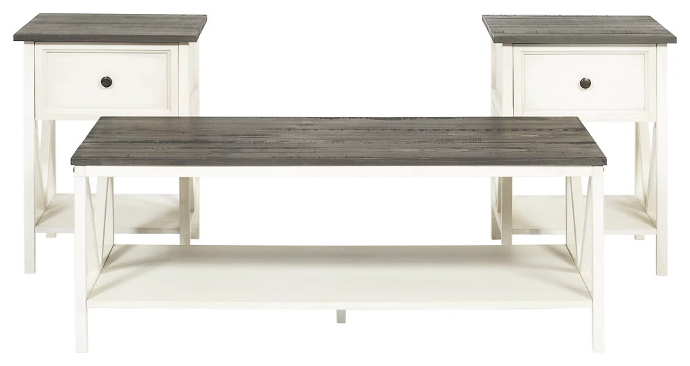 3 Piece Coffee Table Set  White Body With X Sides  ampReclaimed Barnwood Plank Top   Farmhouse   Coffee Table Sets   by Decor Love  Houzz