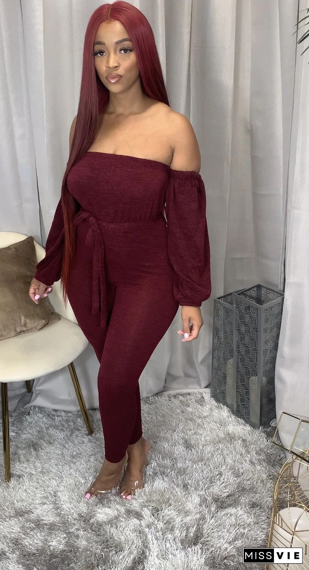 Sexy Solid Color One-word Shoulder Long Sleeve Jumpsuit