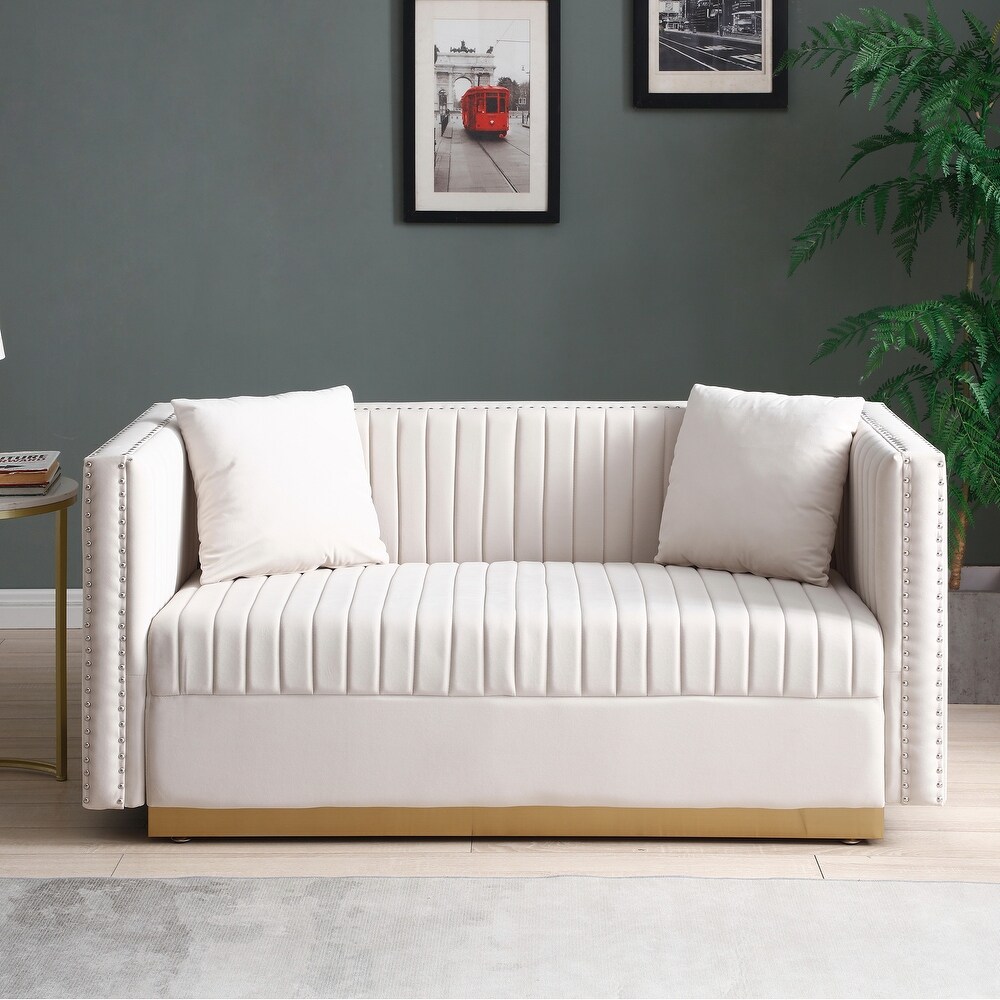 Vertical Tufted Sofa Set Velvet Sectionals Sleeper Loveseat 2pcs Recliner Couch w/ 4 Pillows for Living Room  Beige