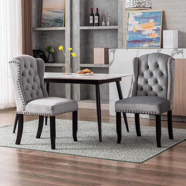 Dining Chairs Set of 2， Tufted Velvet Upholstered Dining Room Chairs with High Back and Wooden Legs， Grey - as picture