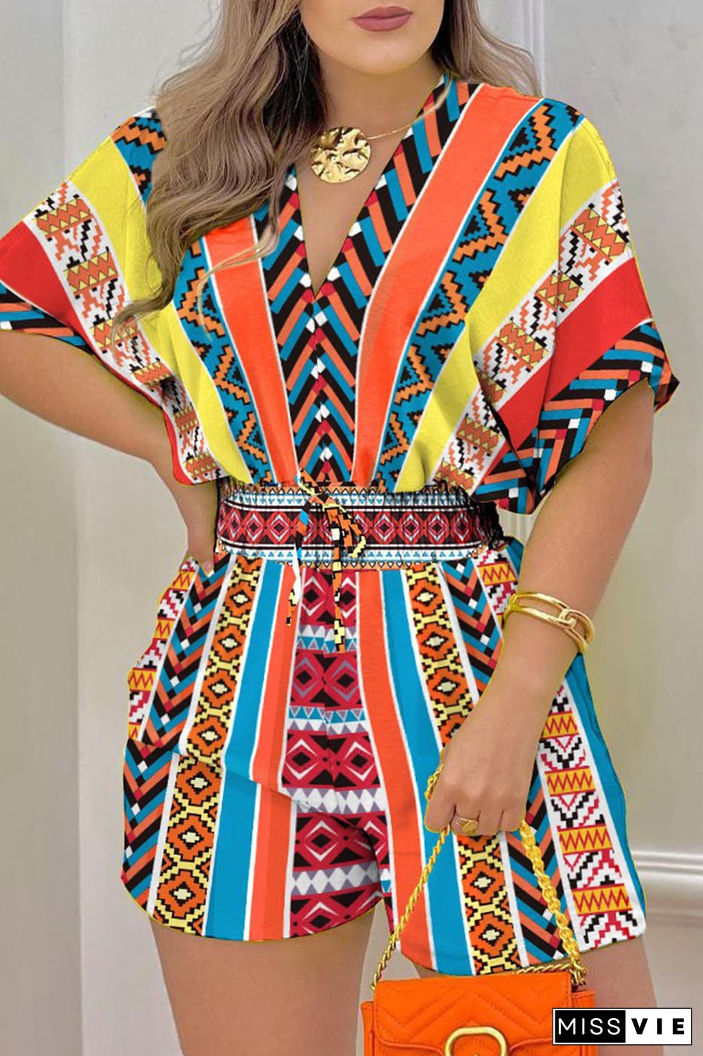 Colour Casual Print Patchwork V Neck Straight Rompers