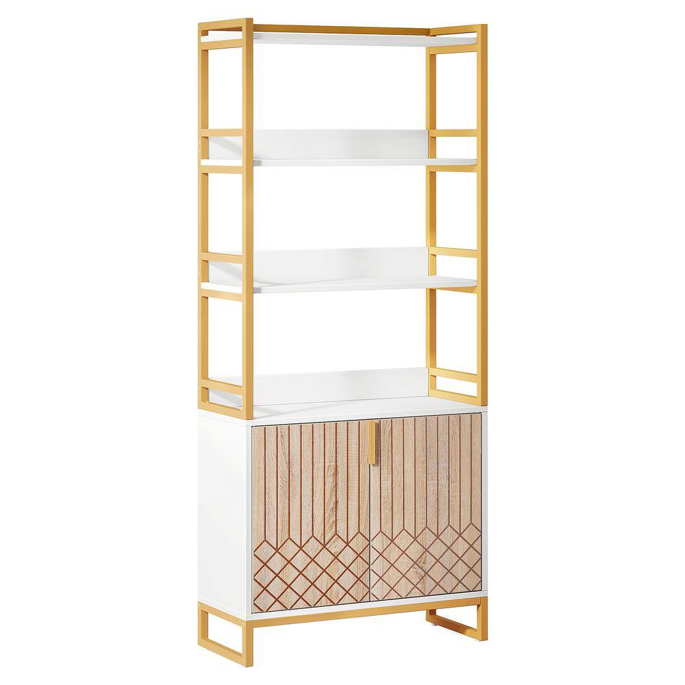 BYBLIGHT Eulas 28 in. Wide White 6 Shelf Cabinet Bookcase Gold Bookshelf with Doors Tall Modern Open Display Shelf BB-XK00200XF