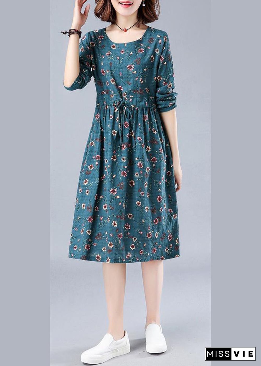 Bohemian Blue Print Robes O Neck Drawstring Daily Spring Dresses