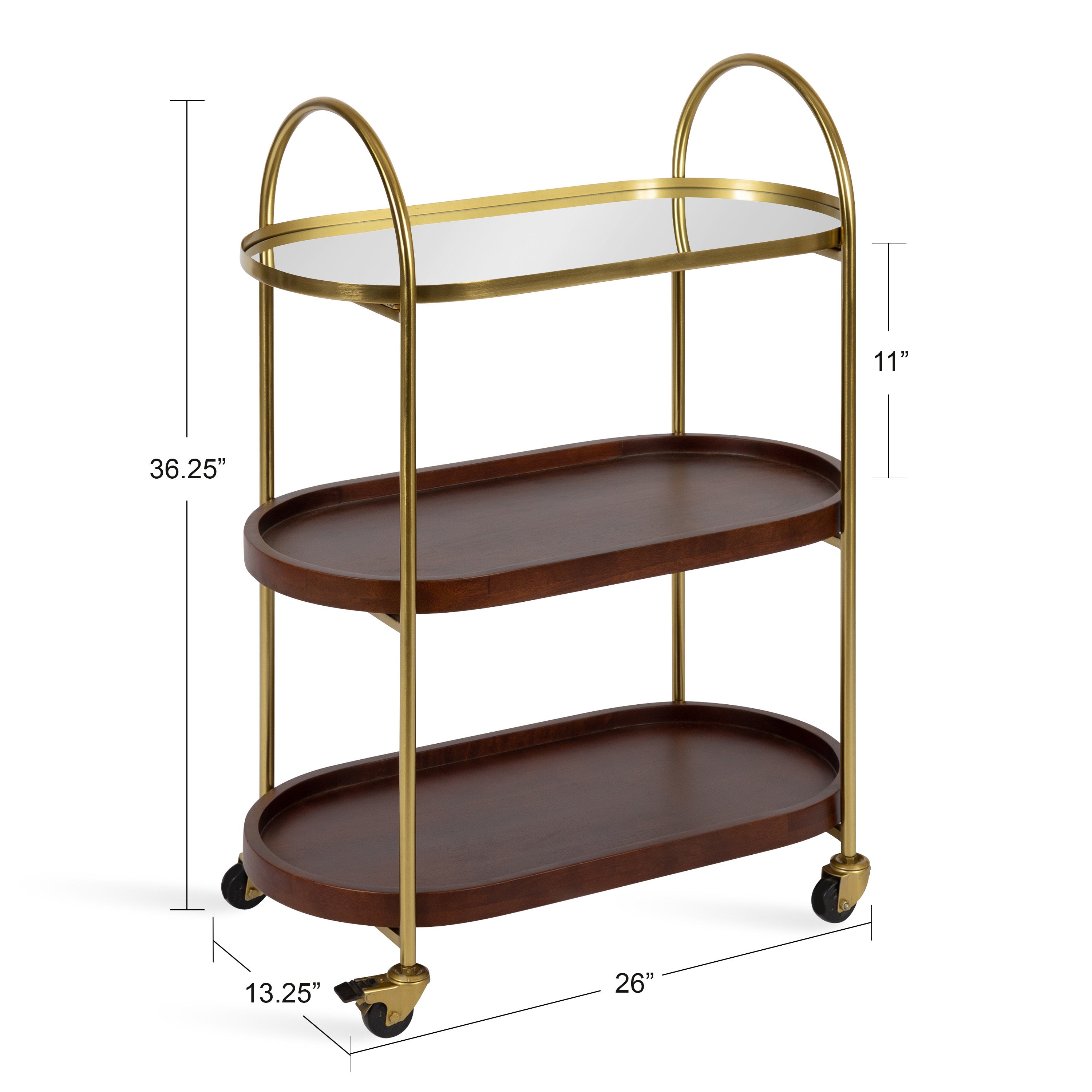 Kate and Laurel Maxfield Midcentury Modern Rolling Bar Cart， 26 x 13 x 36， Walnut and Gold， Decorative Glamorous Wood and Mirrored Kitchen Storage Cart with Wheels