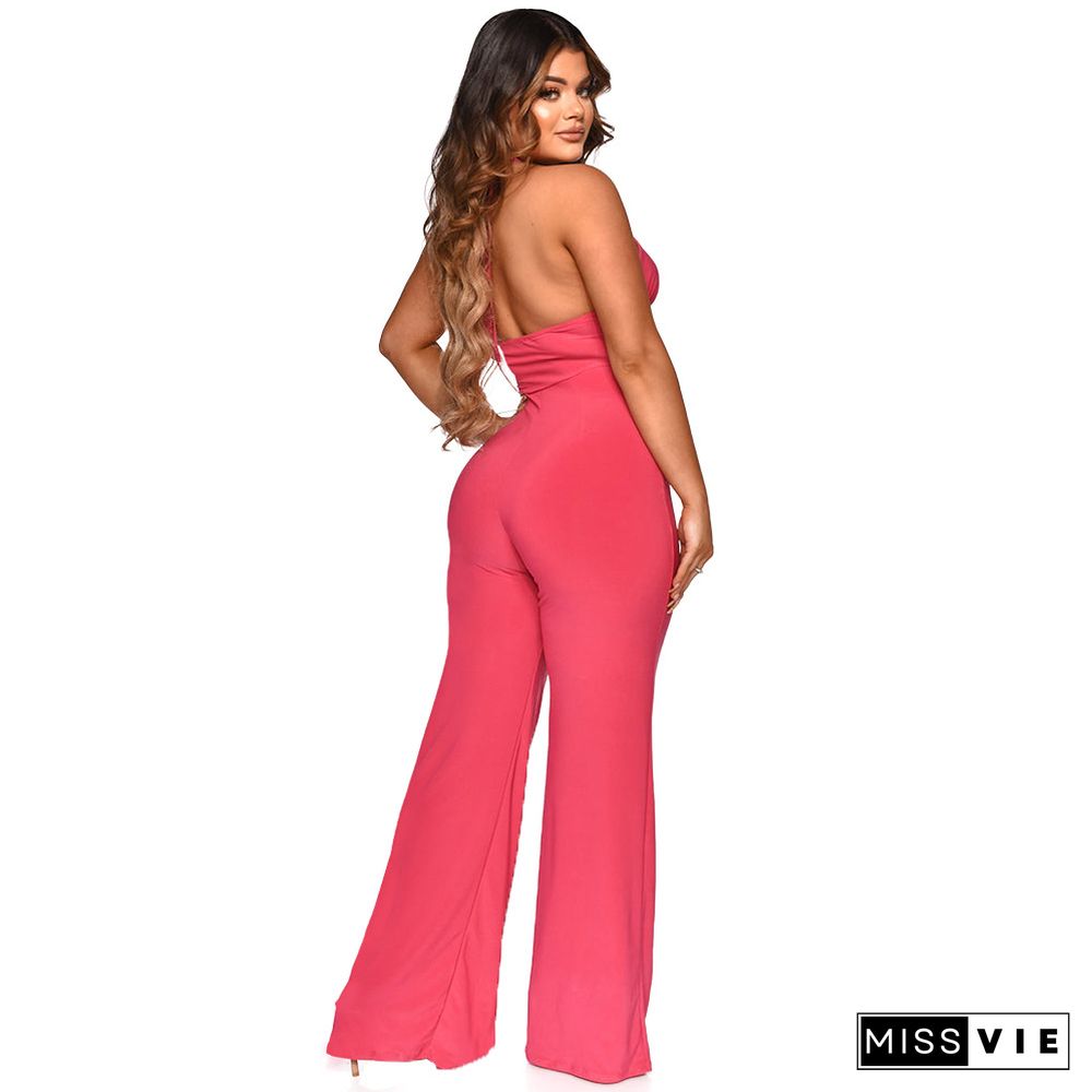 Cut Out Halter Neck Backless Wed Leg Jumpsuit