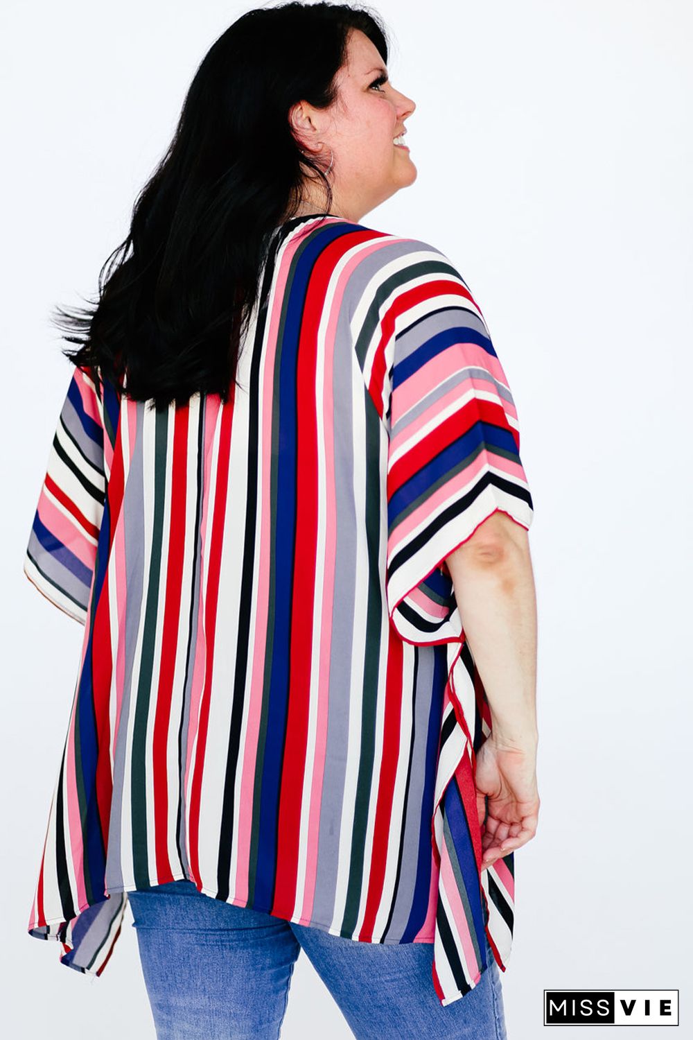 Multicolor Stripe Short Sleeve Flowy Plus Size Blouse