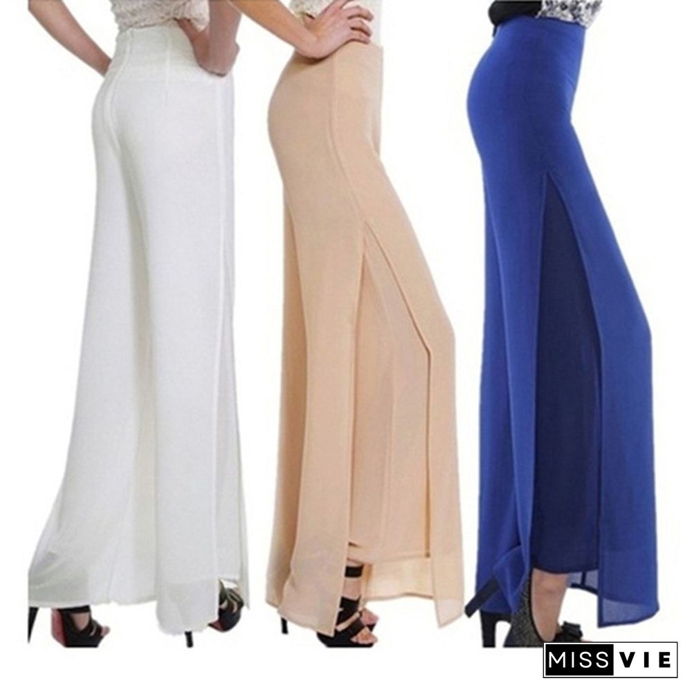 Skinny Wide-Leg Pants Chiffon Fashion High Waist Slit Solid Color Chiffon Pants Skirt Summer Casual Pants