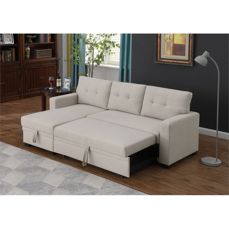 Pemberly Row Polyester Fabric Reversible Sleeper Sectional Sofa in Beige