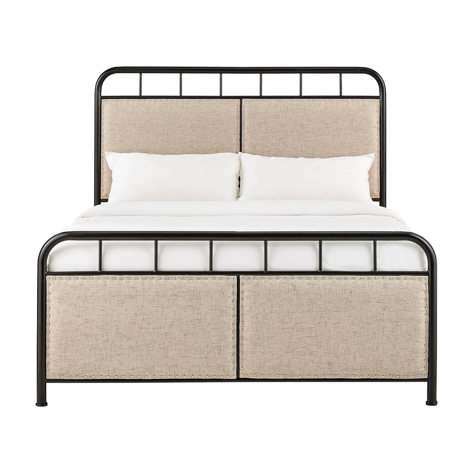 Weston Home Exton Black Metal Queen Bed with Beige Upholstered Headboard and Footboard