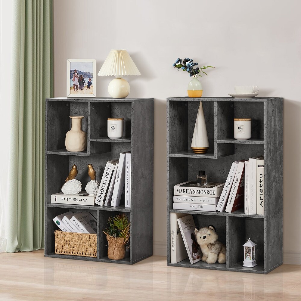 VECELO  Widened Version，(Set of 2)2 Tier Five Open Cube Wooden Bookcase Organizer  Bookshelf
