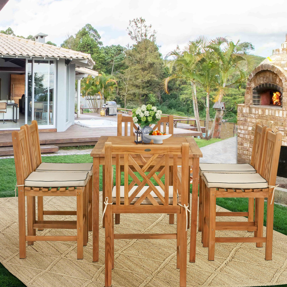 7 Piece Teak Chippendale 63 quotRect Bistro Counter Set  2 Arm and 4 Side Stools   Transitional   Outdoor Pub And Bistro Sets   by Chic Teak  Houzz