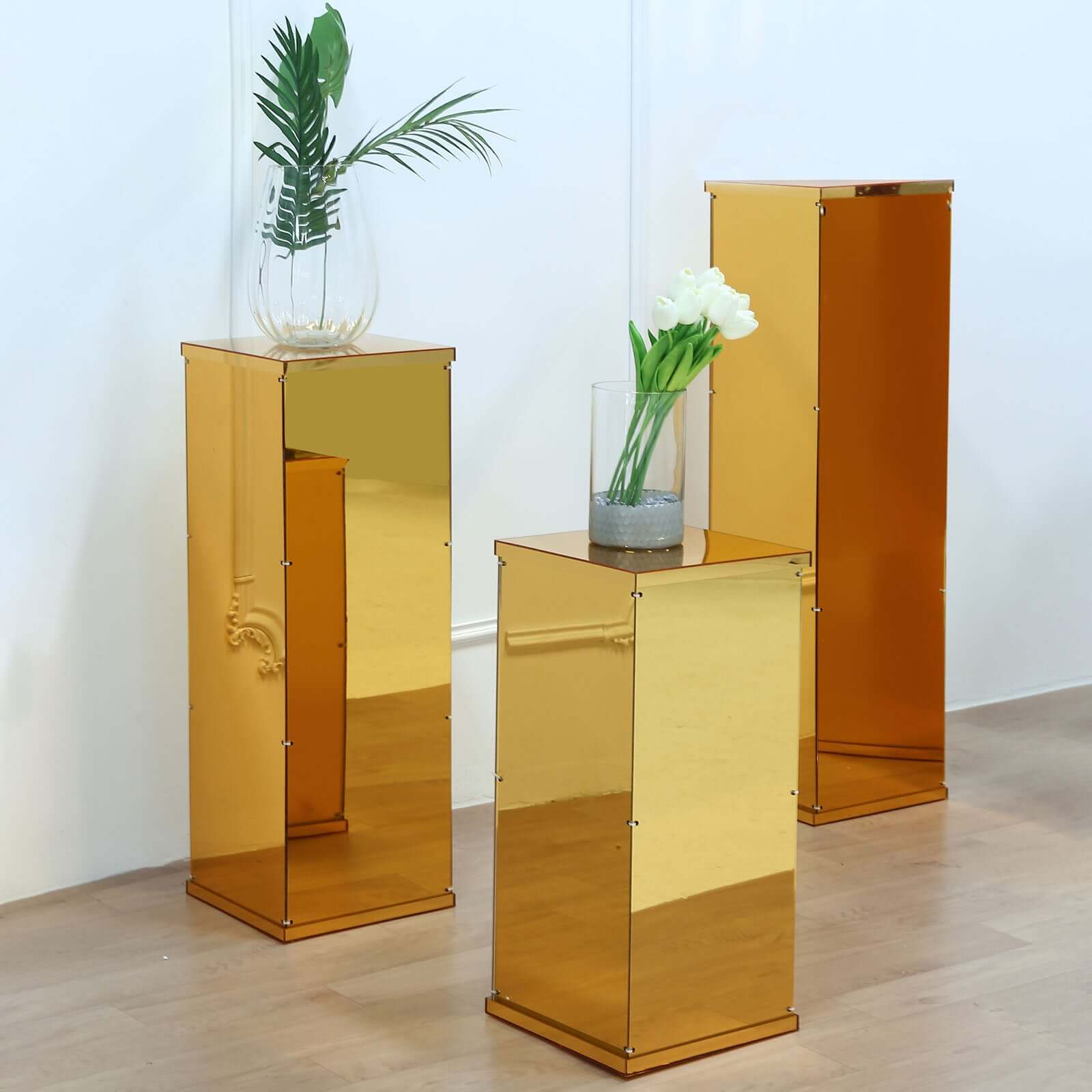 Floor Standing Gold Mirror Finish Acrylic Pedestal Riser, Display Box with Interchangeable Lid and Base 40