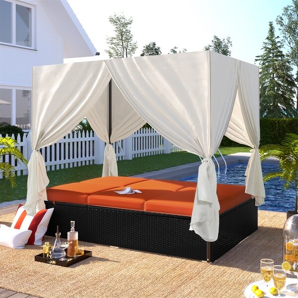 MERAX Outdoor Patio Wicker Adjustable Sunbed Daybed with Canopy