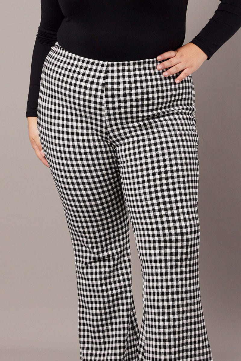 Black Check Flare Leg Pants High Rise