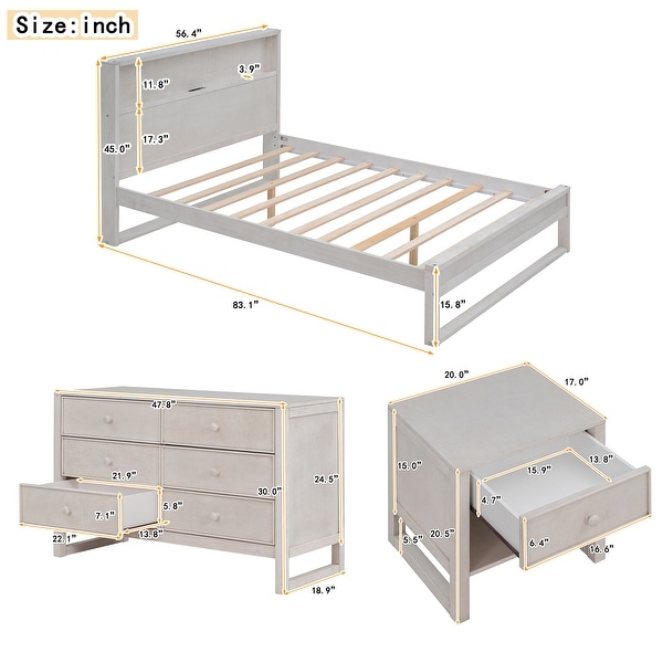 3-Pieces Bedroom Sets Full Size Platform Bed with Nightstand and Dresser - - 37542517