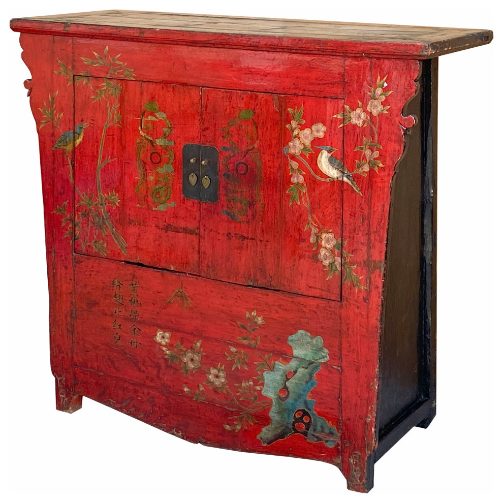 Chinese Vintage Red Golden Flower Birds Scenery Armories Storage Cabinet Hcs6035   Asian   Accent Chests And Cabinets   by Golden Lotus Antiques  Houzz