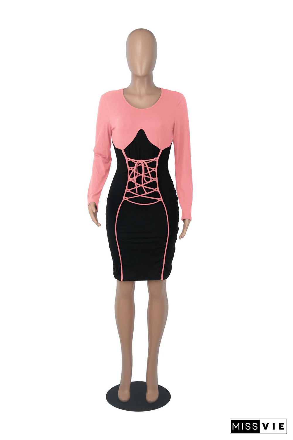 Color Block Long Sleeve Bandage Bodycon Dresses